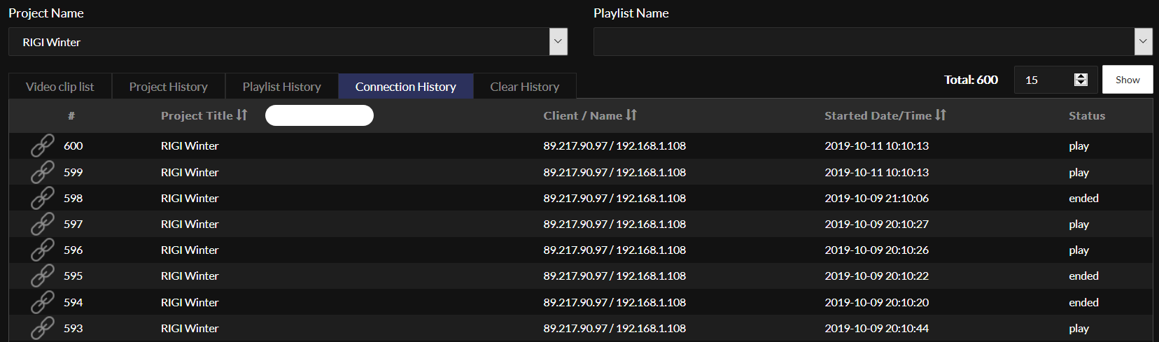 Monitoring: connection history