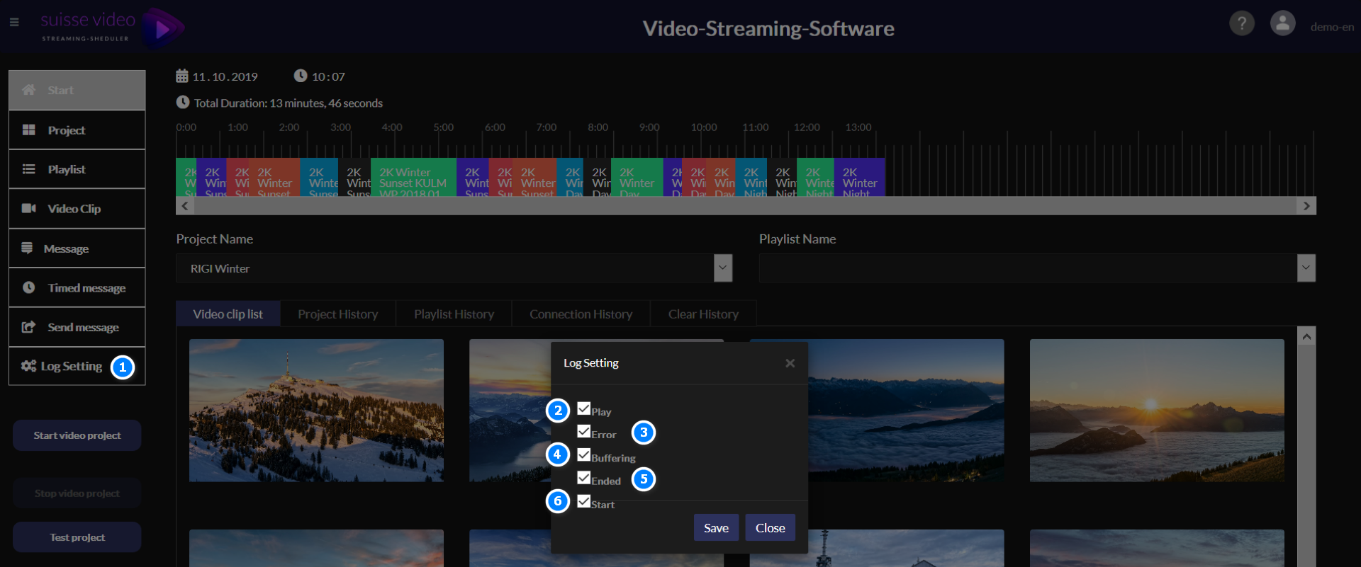 Log settings menu