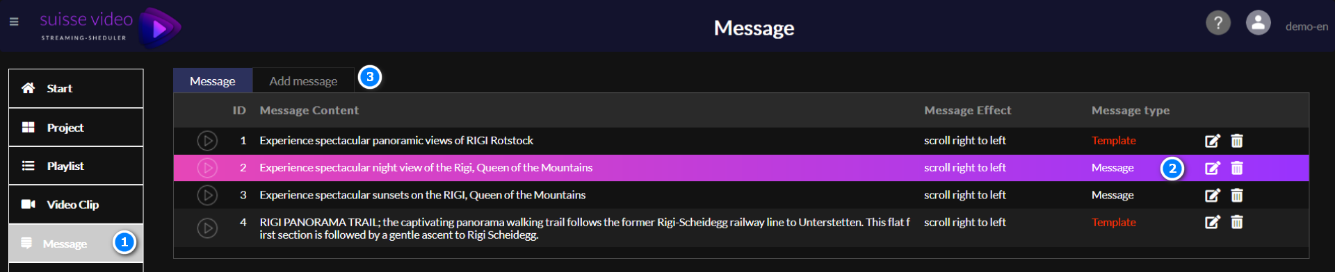 Messages menu