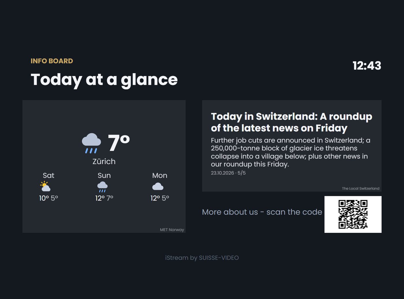 Info board with weather, news and QR code