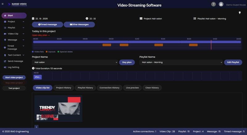 Start page of the SUISSE-VIDEO Streaming Scheduler with day timeline, project, playlist and video clip overview