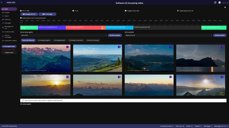 Dashboard iniziale del SUISSE-VIDEO Streaming Scheduler con progetto, playlist, linea temporale degli orari di trasmissione e panoramica dei clip video