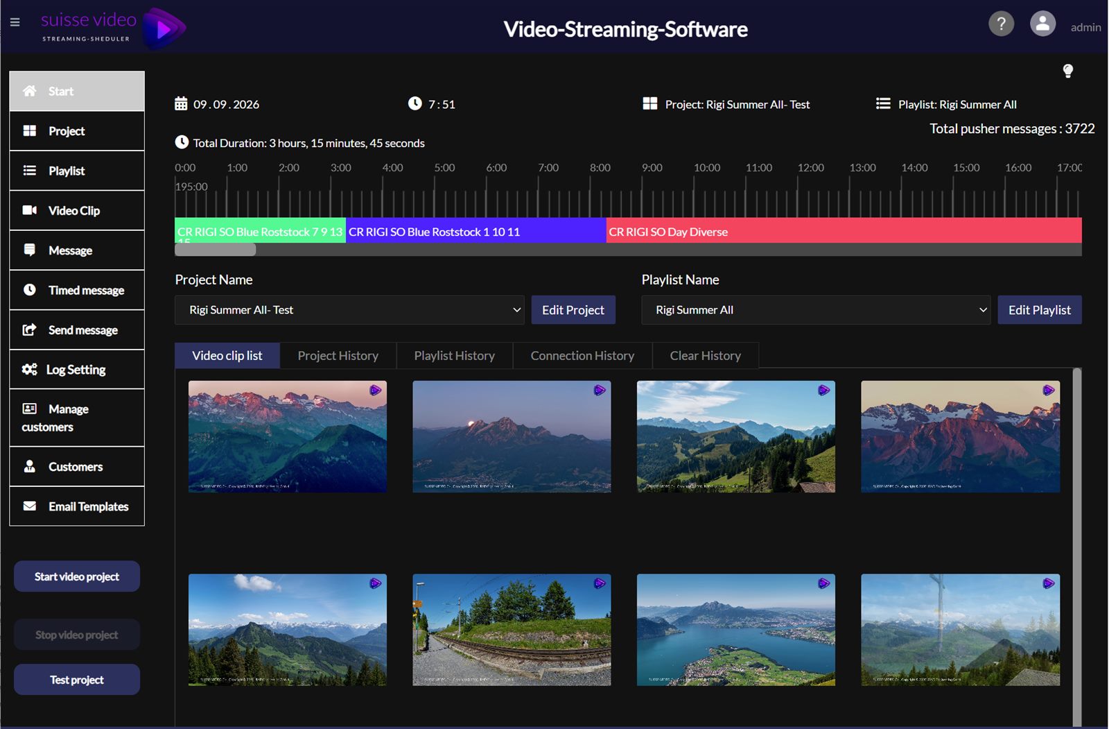 Start-Dashboard des SUISSE-VIDEO Streaming Schedulers mit Projekt, Wiedergabeliste, Zeitachse der Sendezeiten und Video-Clip-Uebersicht