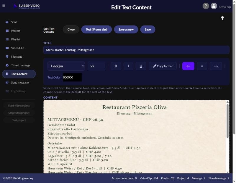 Edit text content: menu card with font, size, colour and parchment background