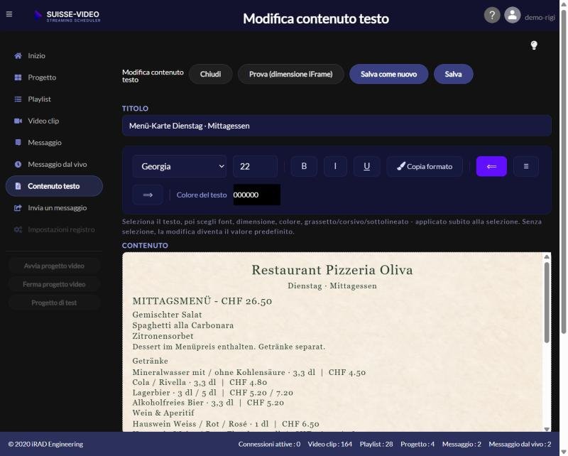 Modifica contenuto di testo: carta del menu con carattere, dimensione, colore e sfondo pergamena