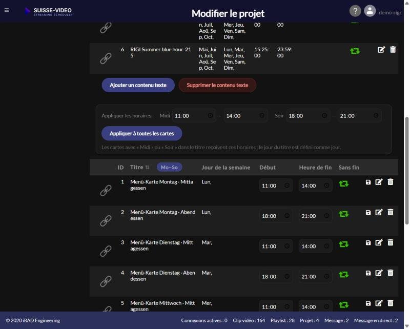 Modifier le projet : appliquer les horaires de midi et du soir à toutes les cartes
