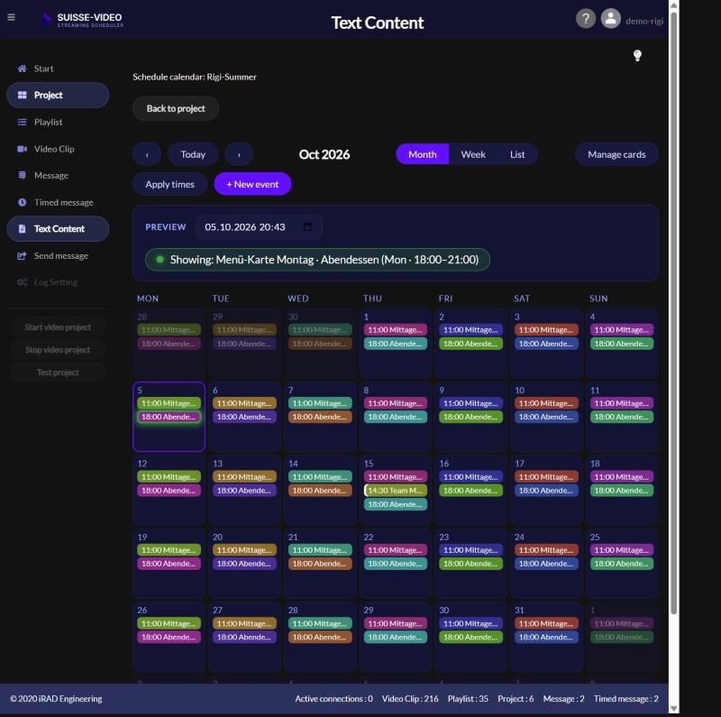 Original screenshot from SUISSE-VIDEO: Schedule calendar in month view. Month view with the preview field and entries for lunch, dinner and a single-date event.