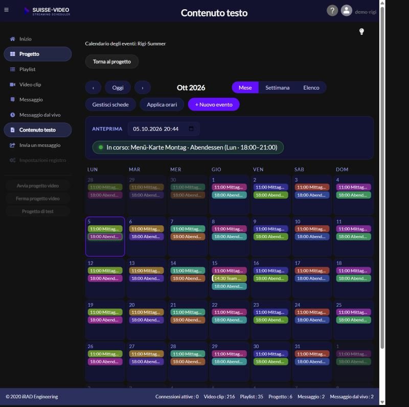 Screenshot originale di SUISSE-VIDEO: Calendario degli eventi nella vista mensile. Vista mensile con il campo anteprima e voci per pranzo, cena e un evento singolo.
