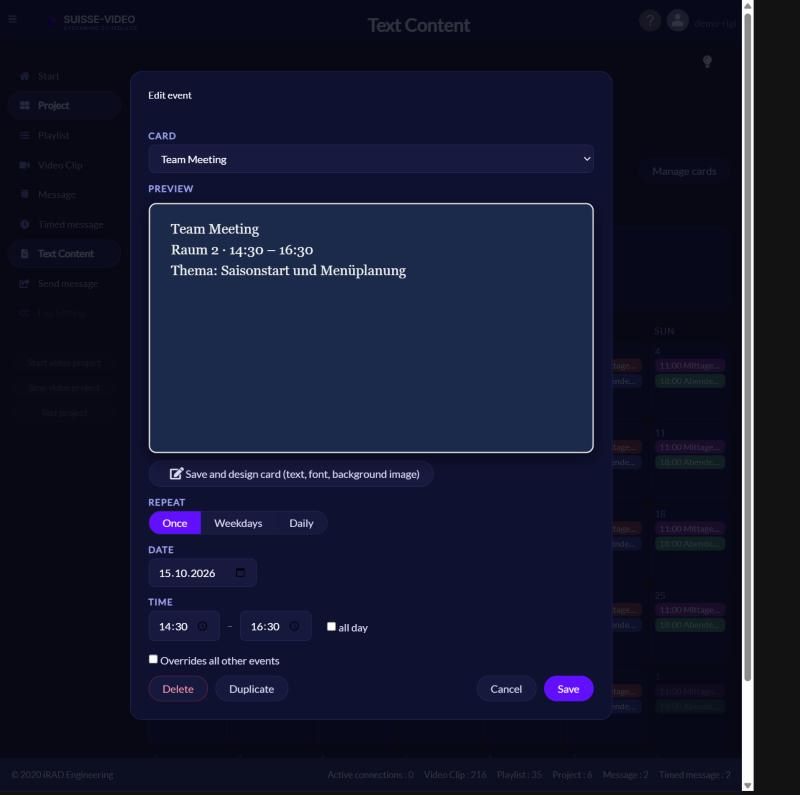 Original screenshot from SUISSE-VIDEO: Creating an event in the schedule calendar. The Event dialog with card, preview, repeat, date and time.