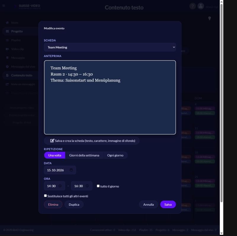 Screenshot originale di SUISSE-VIDEO: Creare un evento nel calendario. La finestra Evento con scheda, anteprima, ripetizione, data e ora.