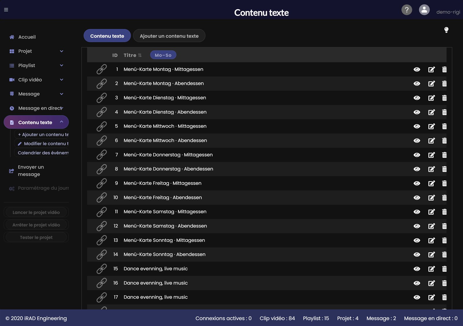 Menu Contenu texte