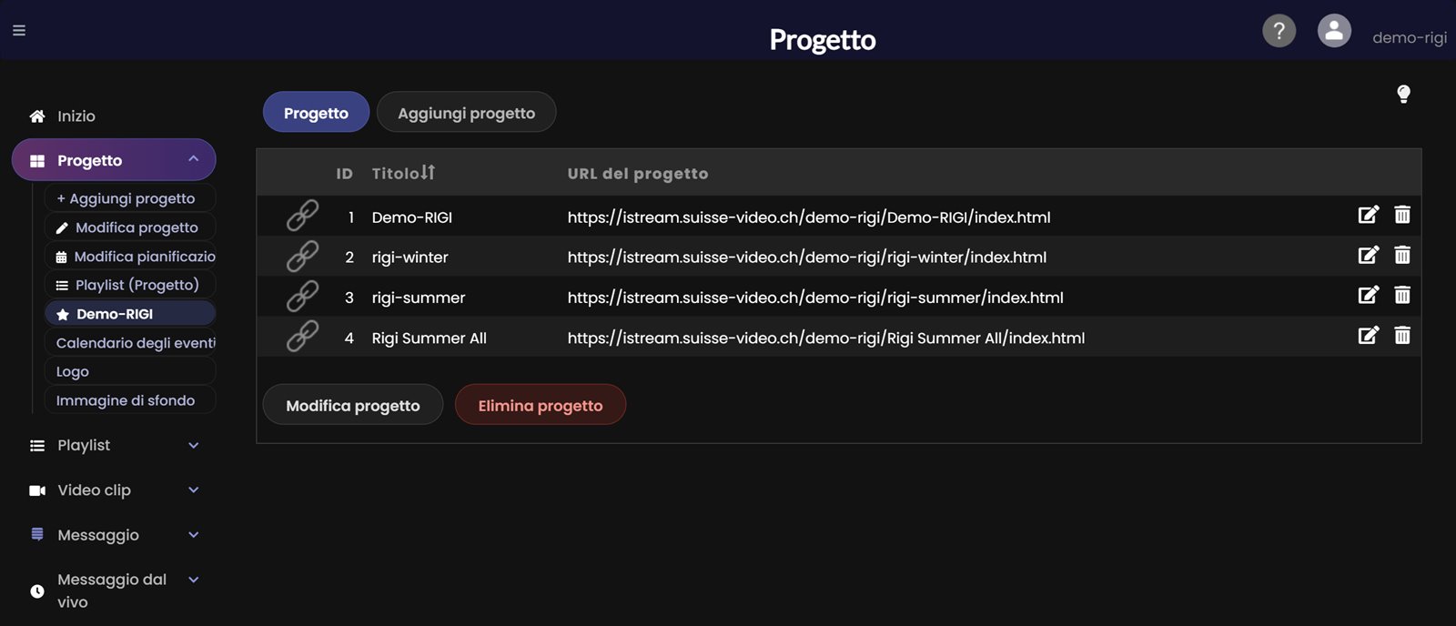 Menu Progetto