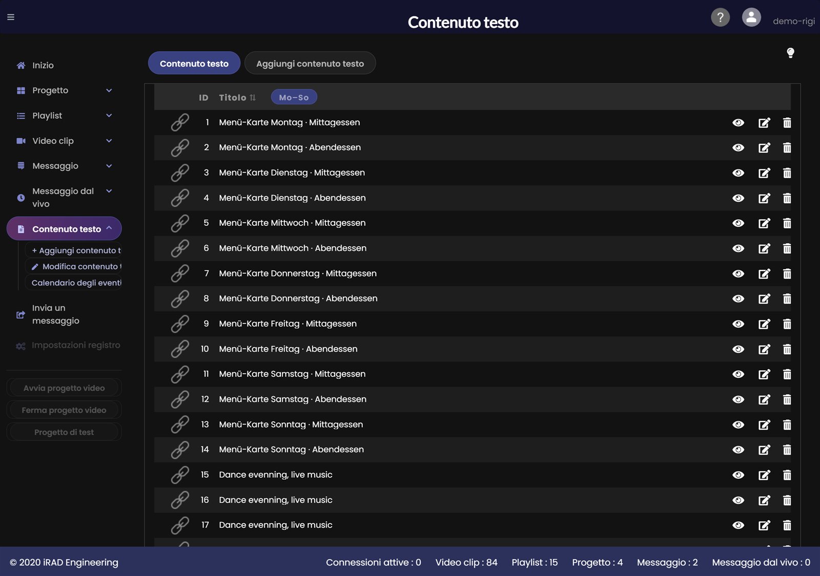 Menu Contenuto testo